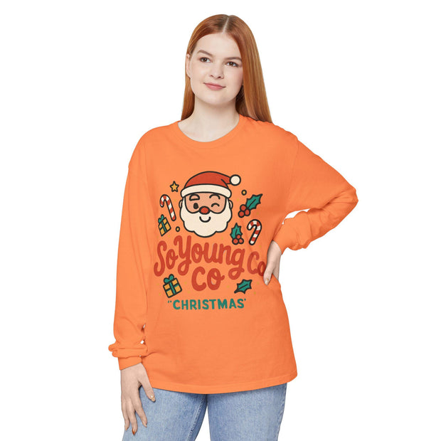 Santa Claus Long Sleeve Shirt - Unisex Garment-dyed T-Shirt, So Young Co, Festive Christmas Tee, Holiday Gift, Cute Xmas Top, Winter Apparel