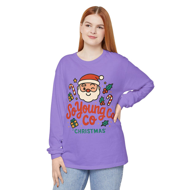 Santa Claus Long Sleeve Shirt - Unisex Garment-dyed T-Shirt, So Young Co, Festive Christmas Tee, Holiday Gift, Cute Xmas Top, Winter Apparel