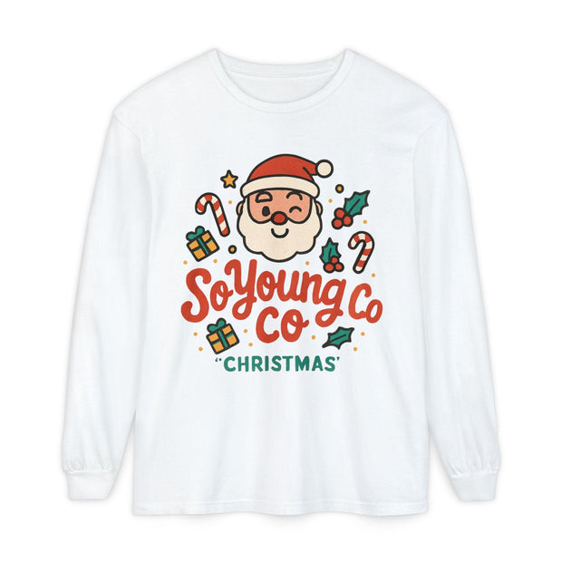 Santa Claus Long Sleeve Shirt - Unisex Garment-dyed T-Shirt, So Young Co, Festive Christmas Tee, Holiday Gift, Cute Xmas Top, Winter Apparel