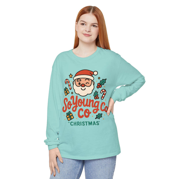 Santa Claus Long Sleeve Shirt - Unisex Garment-dyed T-Shirt, So Young Co, Festive Christmas Tee, Holiday Gift, Cute Xmas Top, Winter Apparel
