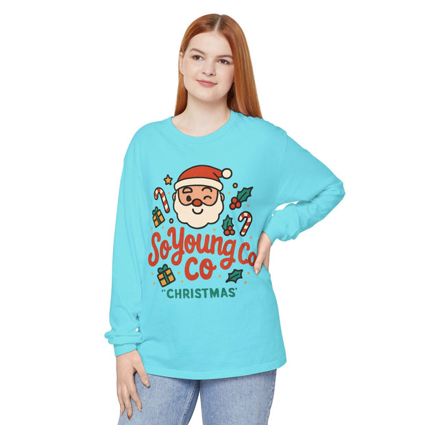 Santa Claus Long Sleeve Shirt - Unisex Garment-dyed T-Shirt, So Young Co, Festive Christmas Tee, Holiday Gift, Cute Xmas Top, Winter Apparel