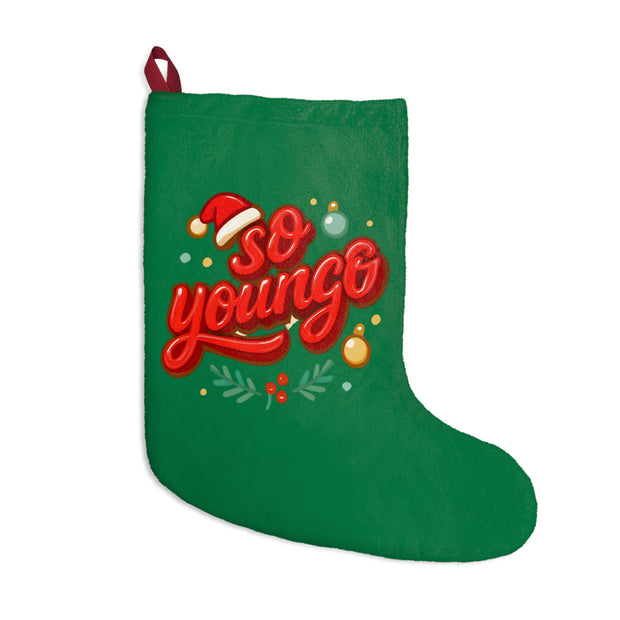 So Young Christmas Stocking | Green Holiday Stocking with Santa Hat Design